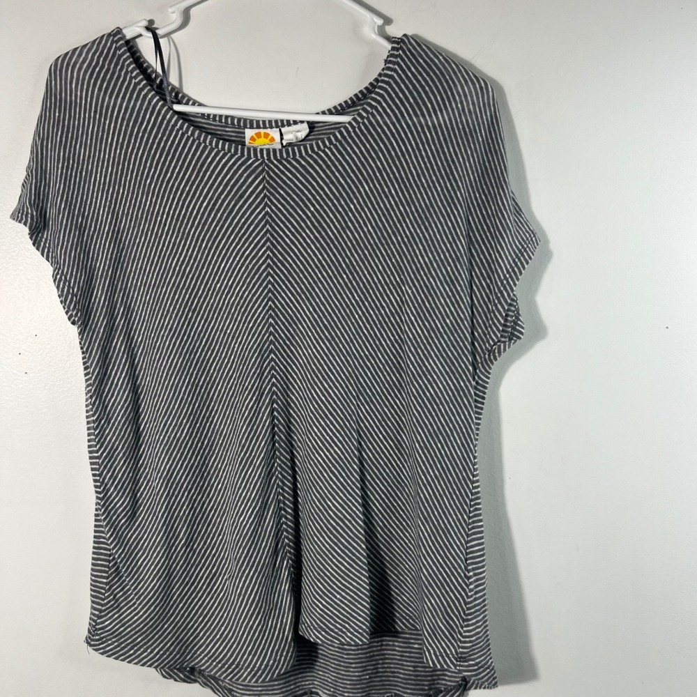 Womens C & C California Cap Sleeve Linen Striped Top Round Neck‎ Gray White M